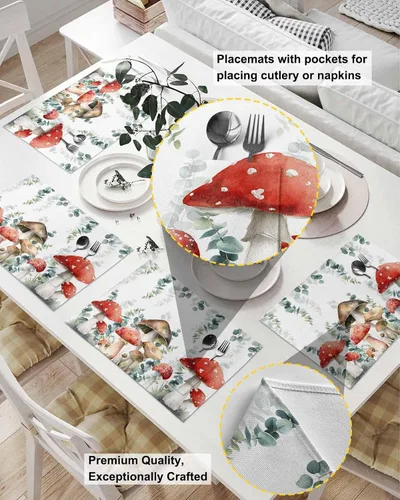 Vista 2 de Mushroom Eucalyptus Table Placemats for Dining Table Set of 6,Cotton Linen Cloth Kitchen Place Mats with Pocket,Washable Burlap
