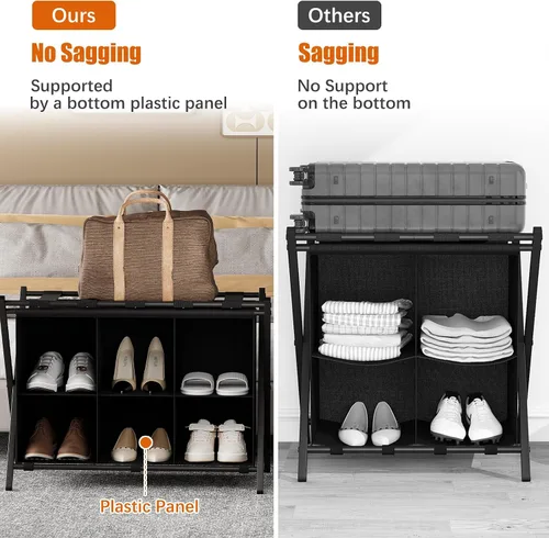 Vista 6 de Huhote Portaequipajes para habitación de invitados, soporte plegable para maleta con estante de almacenamiento de tela de 6 cubos, soporte