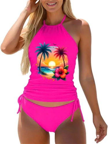 Vista 6 de Omichic Trajes de baño tankini para mujer, de dos piezas, blusa tipo tankini modesta con parte inferior de bikini Negro