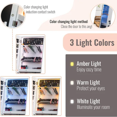 Vista 4 de Bonnlo Armario de joyería de cuerpo entero, armario de joyería con cerradura con luz LED, caja de joyería independiente, organizador de gran
