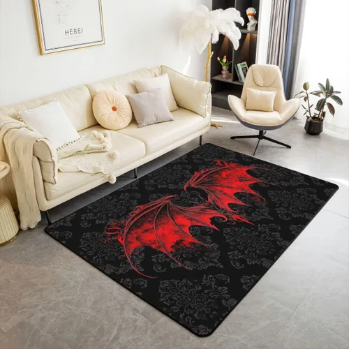 Vista 15 de Erosebridal Alfombra gótica de 3 x 5 pies, estilo bohemio, damasco, murciélago, sala de estar, antideslizante, negro, gris, azul, alfombra gótica