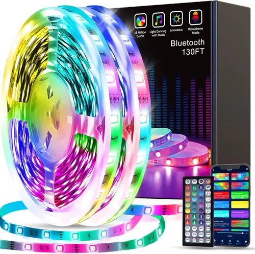 Vista 10 de Tenmiro Tira de luces LED de 32.8 pies, RGB LED inteligente con sincronización de música que cambia de color, tiras de luces LED con control remoto