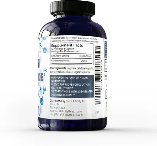 Vista 4 de Nicotinamida B3 500 mg Niacina eficaz sin enjuagues. Potenciador de energía, regenerador celular, que apoya el deterioro cognitivo