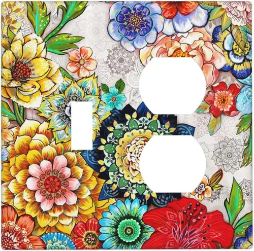 Vista 106 de Placa de Pared en Blanco de 1-Gang Sin Dispositivo Beige Lindo Vintage Boho de los 70s Hongo Fungus Planta Floral Botánica Libélula Interruptor