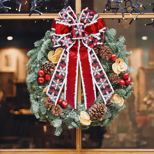 Vista 4 de Lazo de Navidad grande para corona, lazos de corona de Navidad a cuadros rojos y negros para puerta delantera, coronas decorativas de terciopelo