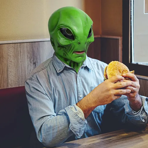 Vista 3 de vickkt Máscara de alienígena, máscara de disfraz de alienígena para adultos y niños, máscara facial realista de alienígena verde, disfraces