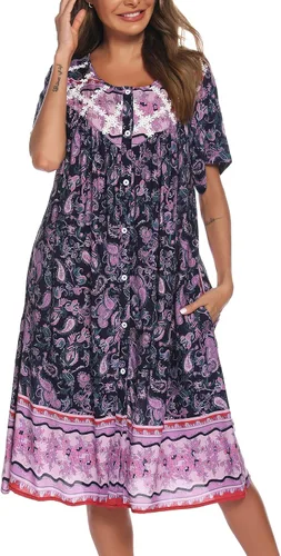 Vista 3 de AVIIER Vestido de casa para mujer, manga corta, plumero, abrigo con botones, ropa de dormir XXL