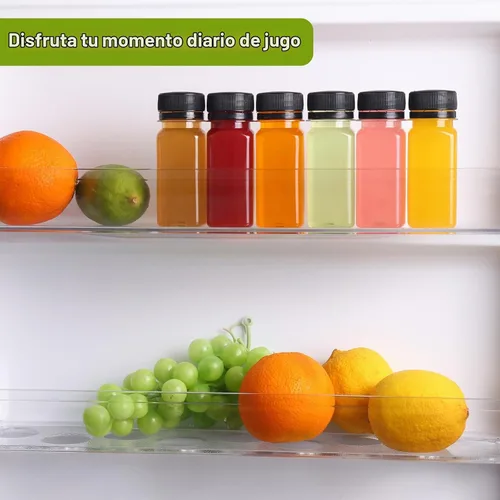 Vista 5 de Moretoes 6 botellas de 120 ml de plástico para jugo con tapas, botellas transparentes vacías reutilizables para shots de jengibre, recipientes
