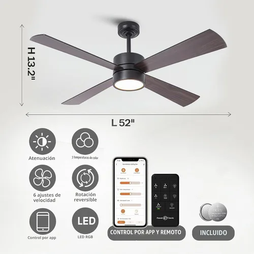 Vista 5 de 52 Inch Ceiling Fans with Lights and Remote /APP, Black RGB Chandelier Fan Negro - 52 pulgadas
