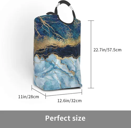 Vista 3 de Cesta de ropa sucia de mármol azul marino con mango de aluminio, cesta de lavandería plegable, cesta de almacenamiento para cuarto de baño