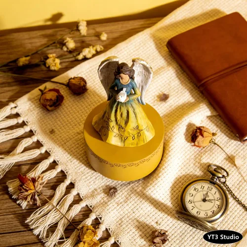 Vista 6 de Caja de música, figurita de caja musical del Ángel Guardián sosteniendo un corazón, cajas musicales esculpidas pintadas a mano, figuras de cajas