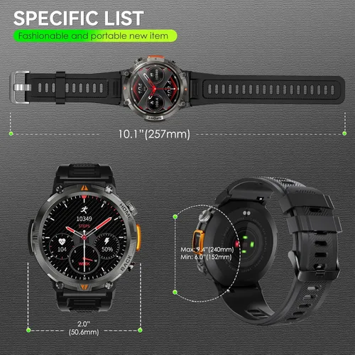 Vista 8 de Reloj inteligente militar para hombres con linterna LED 1.45 "HD Bluetooth