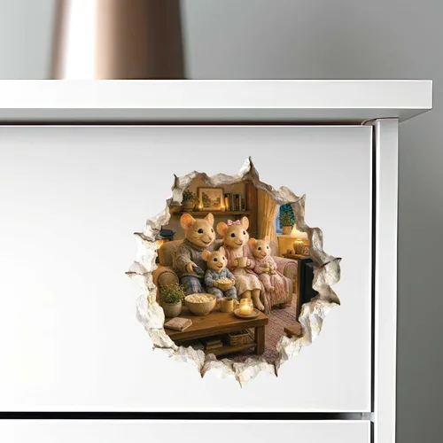 Vista 4 de Calcomanía de pared 3D con agujero para ratón, diseño de familia de ratones