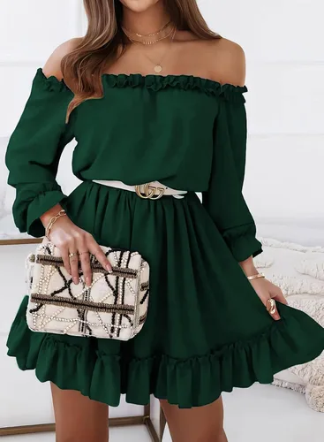 Vista 4 de Dokotoo Vestido de primavera 2024 con volantes y hombros descubiertos para mujer, manga larga, cintura elástica, acampanado, casual, mini vestidos