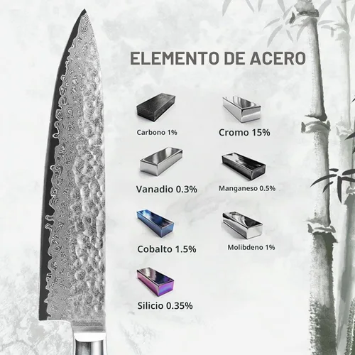 Vista 4 de Cuchillo de chef japonés profesional de 8 pulgadas, afilado de 67 capas Damasco VG-10 con núcleo de acero, cuchillo de cocina martillado con mango