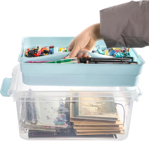 Vista 8 de Yesland Caja apilable y de transporte con bandeja extraíble, 16 x 11 x 6.5 pulgadas, organizador de plástico para suministros de arte, contenedores
