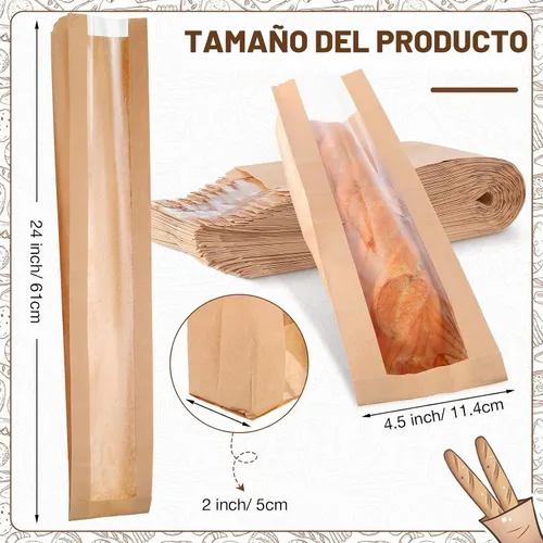 Vista 2 de Thenshop 100 bolsas de pan de papel con ventana para bolsas de pan caseras, bolsas de almacenamiento de pan de papel kraft marrón, embalaje largo