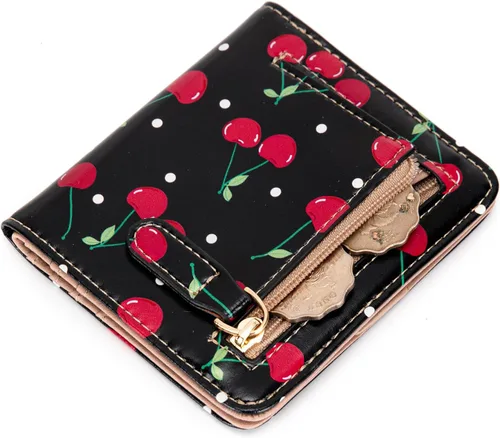 Vista 5 de Walle Rfid - Cartera pequeña y compacta con bolsillo plegable para mujer, minicarjetero de viaje con ventana de identificación, Cereza Negra, Lindo