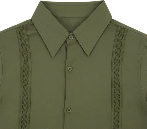 Vista 7 de Camisas de guayabera cubana para hombre, manga corta, sin doblar, con botones, color sólido, camisas de boda para trabajo, camisas casuales