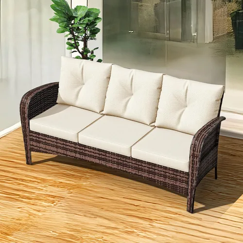 Vista 16 de Sofá de 3 asientos para patio de 73 pulgadas, sofá de mimbre de mimbre, asiento profundo con marco de acero, muebles de conversación al aire libre
