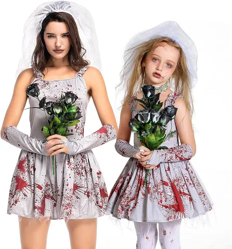 Vista 6 de HUYMHTER Disfraz de novia fantasma para niñas, vampiro, zombi, novia, cosplay, tutú para niños, vestido gótico sangriento para Halloween, cosplay