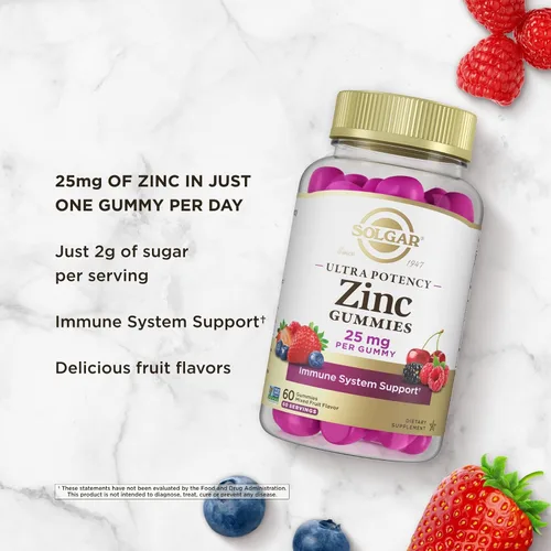Vista 5 de Solgar Gomitas de zinc para adultos con 25 mg de citrato de zinc de ultra potencia para apoyo inmunológico, sabor mixto de frutas, veganas, kosher