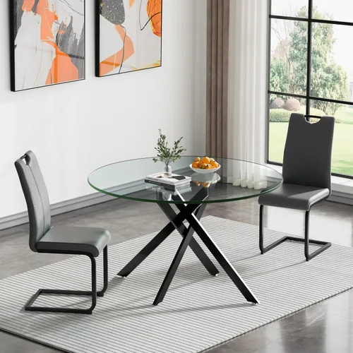 Vista 85 de HomVent Juego de mesa de comedor redonda de vidrio de 3 piezas, juego de mesa de cocina de vidrio redondo para 2 personas con 2 sillas de comedor