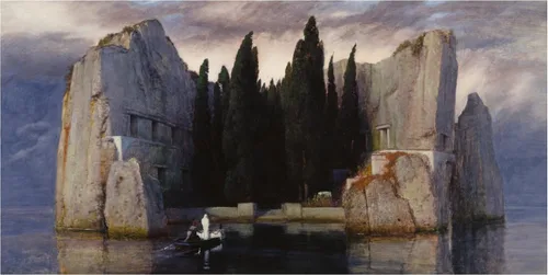 Vista 2 de Lienzo decorativo para pared, diseño de Arnold Bocklin con la frase "La Isla de los Muertos", para decoración de sala de estar, dormitorio u