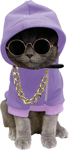 Vista 8 de QWINEE Set de 3 piezas de sudadera con capucha para perro y gato, disfraz para mascotas con collar y gafas de sol, ropa para cachorros, perros