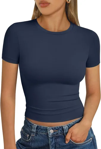 Vista 23 de Trendy Queen - Camisetas básicas para mujer, camisetas de verano 2025, de manga corta, ajustadas, para gimnasio, entrenamiento, ropa estilo Y2K