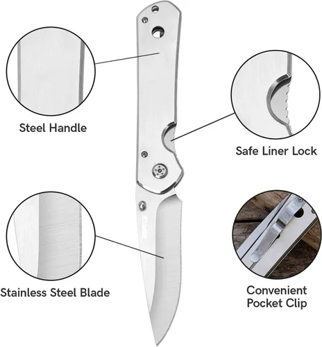 Vista 3 de Dispatch Iris Navaja de bolsillo plateada de 3.9 pulgadas para hombres, cuchillo plegable EDC para camping, supervivencia, senderismo al aire