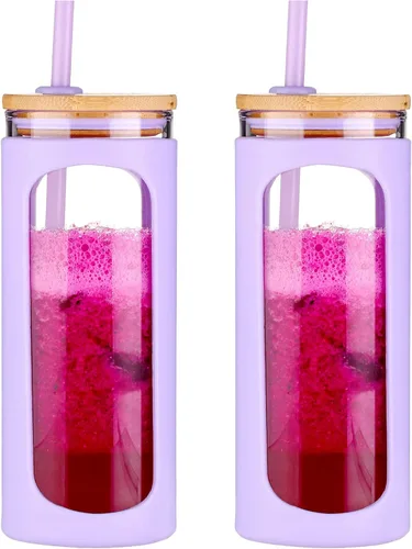 Vista 27 de Kodrine Vaso para agua de vidrio de 20 onzas con popote y tapa, botella de agua con tapas de bambú, taza para café helado, reutilizable, boca ancha