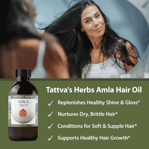 Vista 2 de Tattva's Herbs Aceite Amla para el crecimiento del cabello y tratamiento del cuero cabelludo, aceite indio prensado en frío y sin refinar, botella