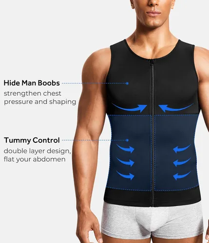 Vista 2 de Camiseta de compresión para hombre, chaleco moldeador de cuerpo, sin mangas, con cremallera, camiseta sin mangas, faja moldeadora para el estómago