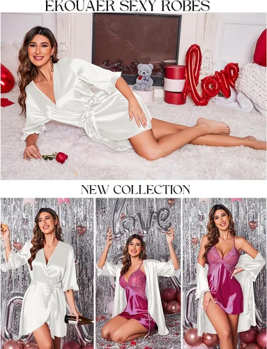Vista 4 de Ekouaer Bata de satén para mujer, lencería de San Valentín para mujer, kimono, bata corta con volantes, cinturón, ropa de dormir para damas de honor
