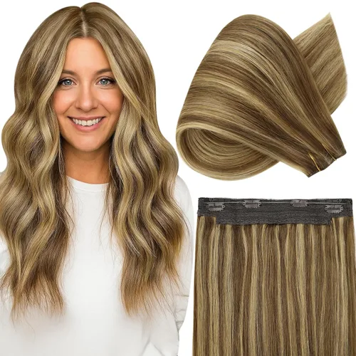 Vista 55 de Fshine - Extensiones de cabello con hilo invisible de 12 pulgadas, color rubio ceniza con reflejos de rubio decolorado, pieza de cabello humano real
