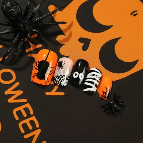 Vista 3 de 24 uñas postizas cuadradas a presión de longitud media para Halloween con diseño de telaraña, bonitos globos oculares, uñas postizas con pegamento