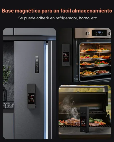 Vista 7 de Termómetro inalámbrico para carne con Bluetooth y aplicación, pantalla táctil, alarma audible, 2 sondas, alcance de 800 pies y base recargable