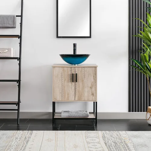 Vista 28 de eclife Lavabo de tocador de baño de 24 pulgadas, gabinete de metal moderno con estante inferior, fregadero azul para barco y grifo de ahorro de agua