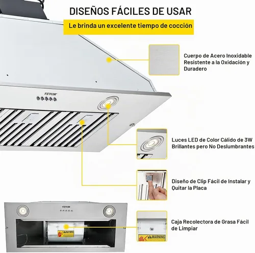 Vista 7 de VEVOR Campana de Ventilación Integrada, 800CFM 3-Velocidades, Campana de Cocina de Acero Inoxidable de 36 Pulgadas con Control de Botón de Impulso