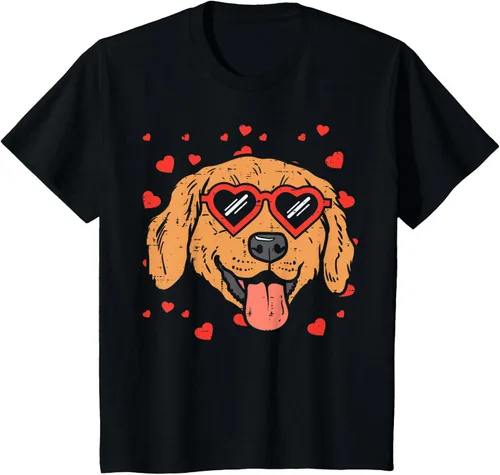 Vista 82 de Golden Retriever cara corazón gafas día de San Valentín perro regalo camiseta Negro