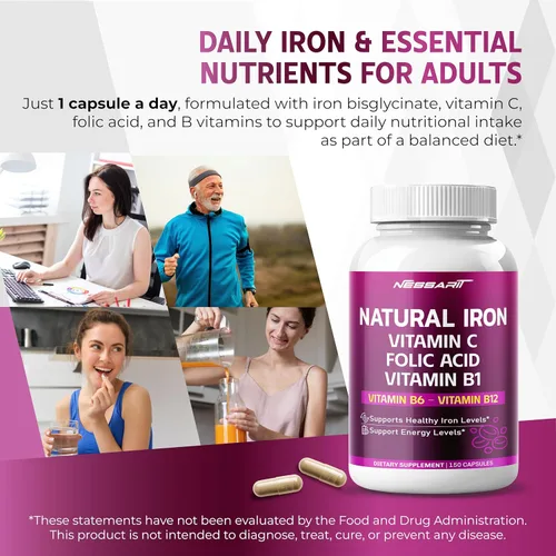 Vista 9 de Hierro natural de alta potencia con vitamina C, ácido fólico, fórmula de alta absorción, vitamina B1, vitamina B6, vitamina B12, ayuda a