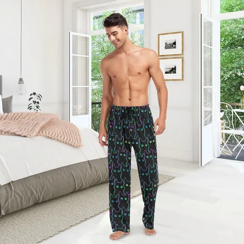 Vista 3 de Pantalones de pijama de cuadros blancos y negros para hombre, pantalones de descanso separados suaves para hombres