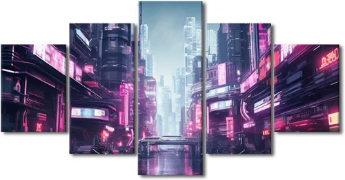 Vista 70 de Póster de 5 paneles en lienzo para decoración de pared, diseño de centro urbano Cyberpunk, impresión moderna, decoración de pared para el hogar