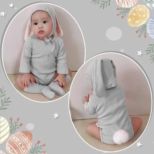 Vista 4 de XIFAMNIY Traje de conejo de Pascua para bebé con sombrero de oreja de conejo 3D para bebé recién nacido