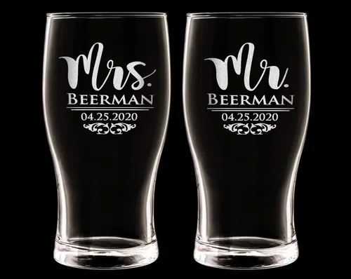 Vista 5 de Juego de 2 vasos de cerveza grabados personalizados con texto en inglés "Mr Mrs", 50 aniversario de boda, papá, mamá, novia, novio, pronto para ser