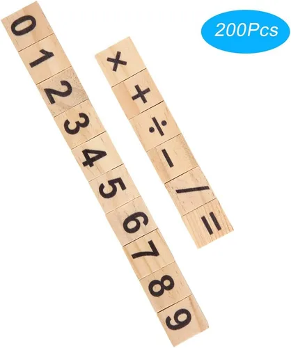 Vista 6 de 200 piezas de azulejos de madera con números de madera, bloques de rompecabezas de números y símbolos para manualidades, ortografía, decoración