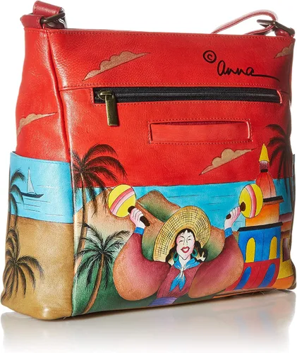 Vista 2 de Anna by Anuschka Bandolera de piel pintada a mano con bolsillos laterales para mujer