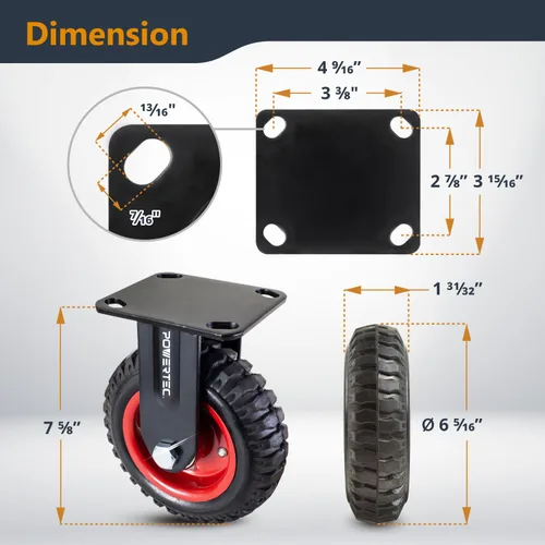 Vista 2 de POWERTEC Ruedas giratorias de 6 pulgadas, ruedas de placa fija resistentes con banda de rodadura de goma para banco de trabajo, carrito, carro