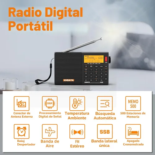 Vista 3 de XHDATA D808 Radio Portátil AM FM SW LW Banda Aérea de Onda Corta SSB RDS Radio Digital Multi Banda con Altavoz, Pantalla LCD, Despertador, Antena